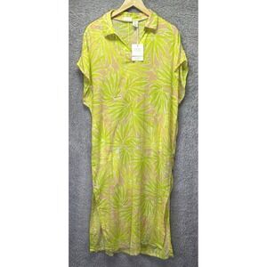 NWT Sigrid Olsen Tropical Palm Print Linen Blend Midi Dress V Neck L Lagenlook